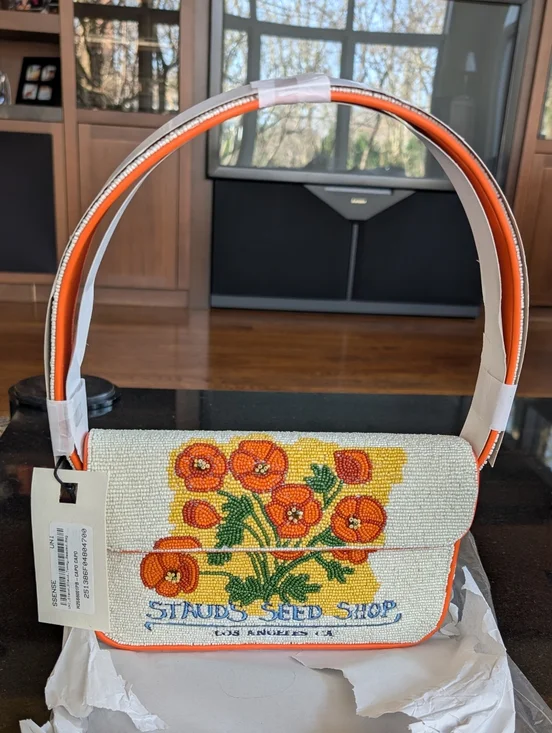 NWT STAUD TOMMY Glass Beaded Vegan Shoulder Bag - CALIFORNIA POPPY; $295 - Picture 6 of 16